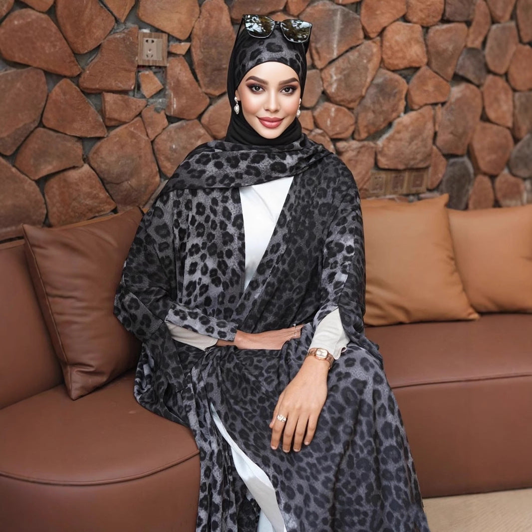 Leopard Abaya Open Front Cardigan in Lightweight Chiffon