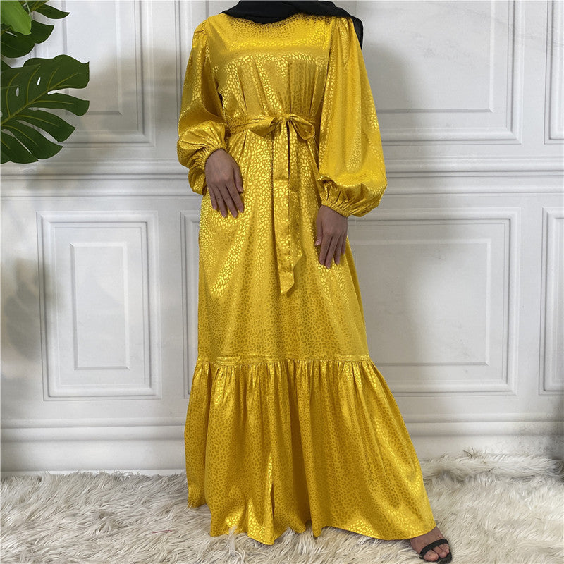 Modest Gold Jacquard Abaya Maxi Dress for Muslim Women