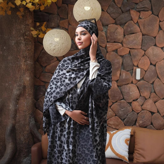 Leopard Abaya Open Front Cardigan in Lightweight Chiffon