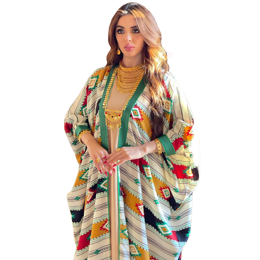 Striped Bat Sleeve Vest Jacket Dress Two Piece Sets