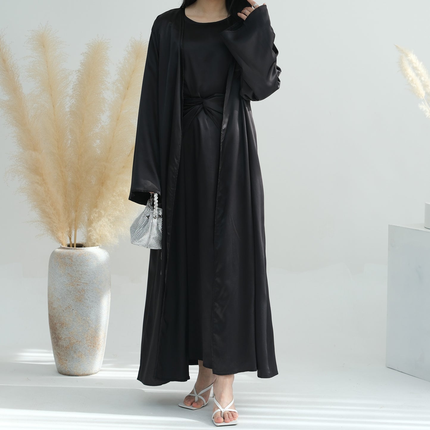Solid Color Three Piece Abaya Set with Inner Dress and Belt