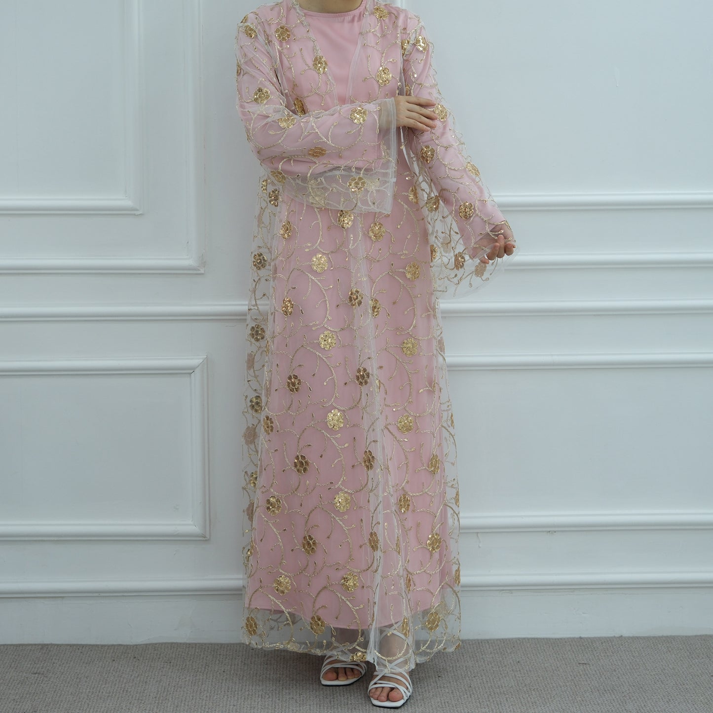 Gold Embroidered Lace Open Dress Elegant Evening Abaya