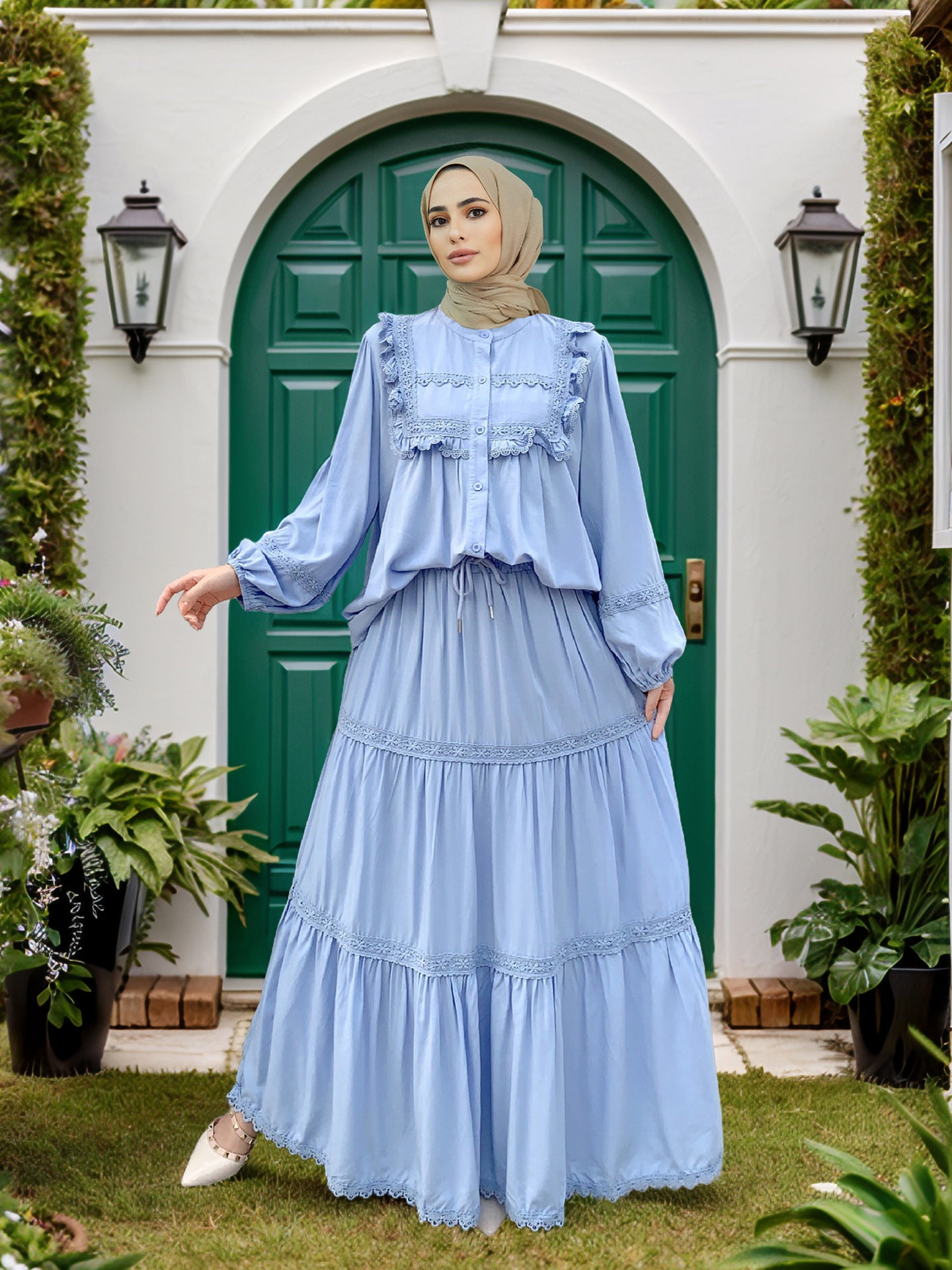 Lace Ruffle Trim Muslim Two-Piece Skirt Set