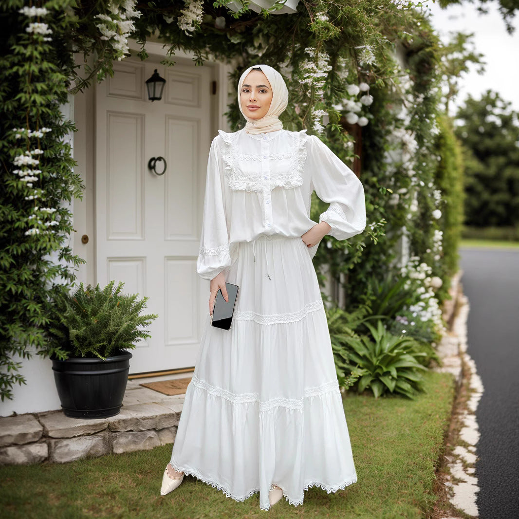 Lace Ruffle Trim Muslim Two-Piece Skirt Set