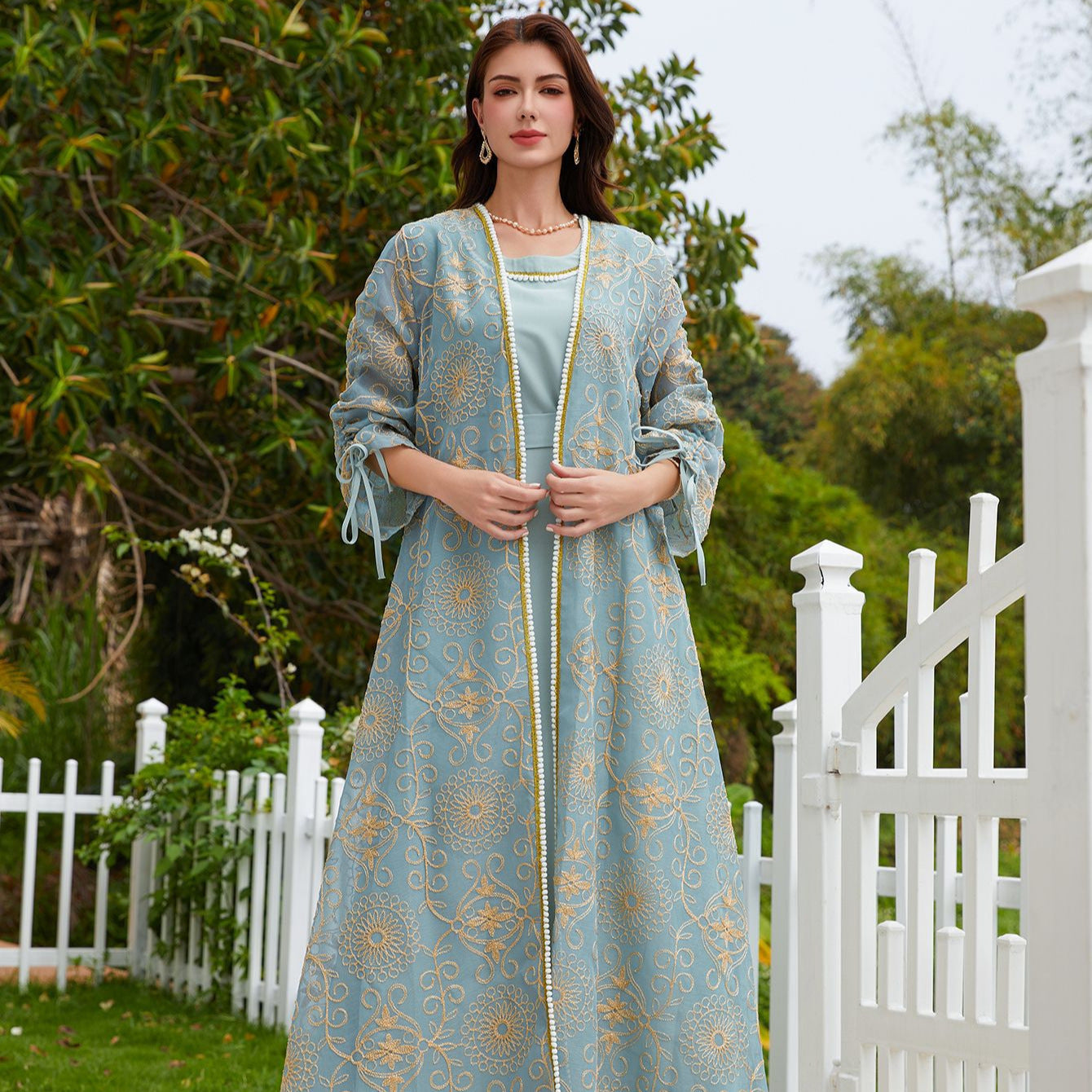 Dubai Muslim Jacquard Two-Piece Maxi Abaya Set