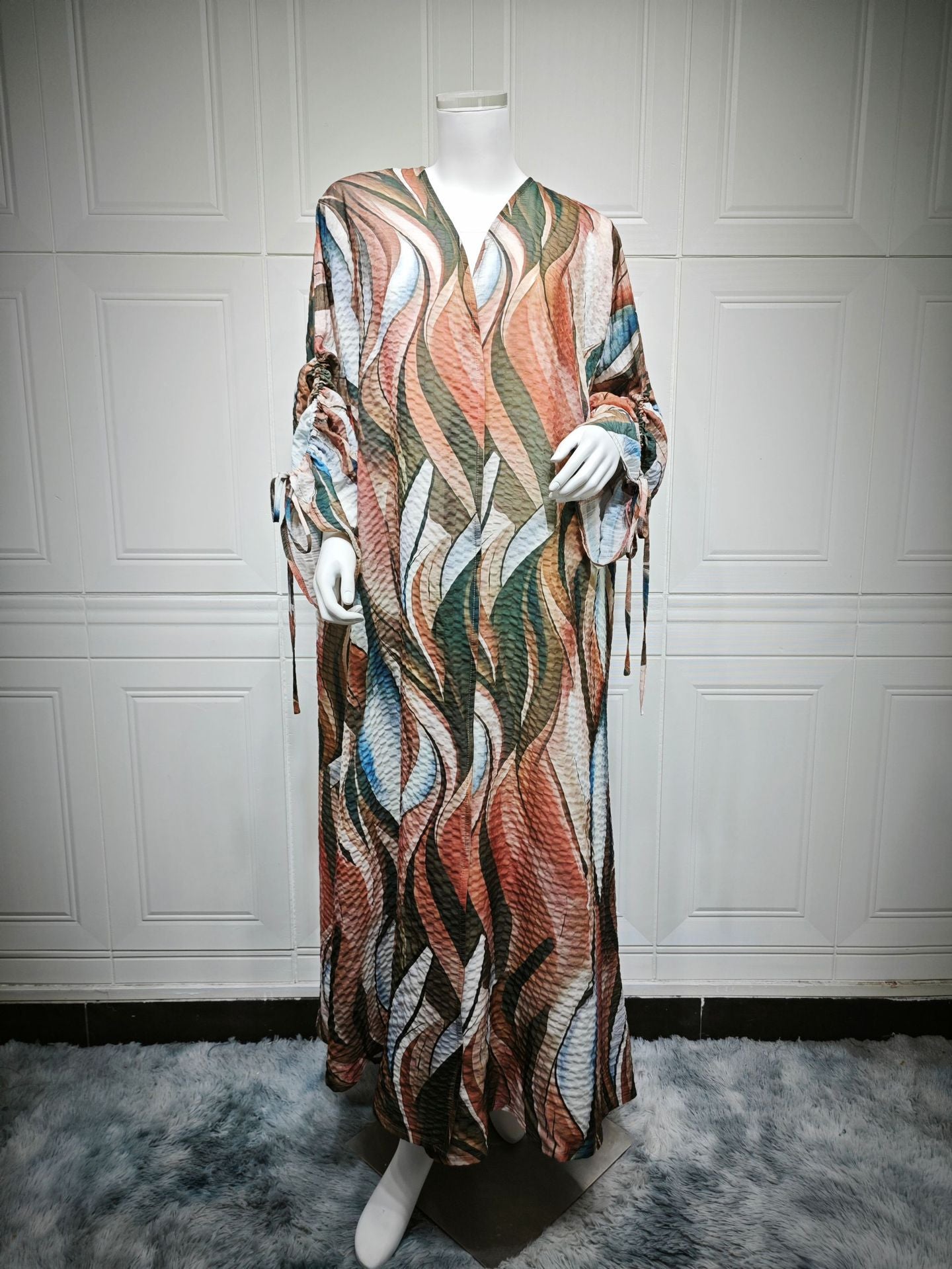 Women's Crinkled Linen Print Robe Open Abaya
