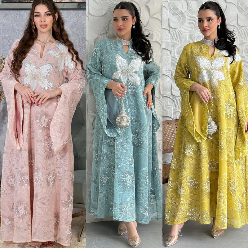 Women's Embroidered Chiffon Dress with Appliqués and Sequins