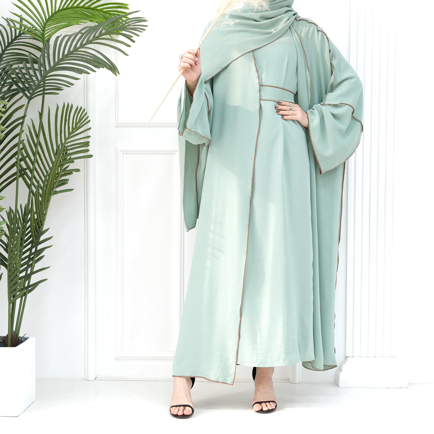 Muslim Plain Cardigan Dress Three-piece Sets