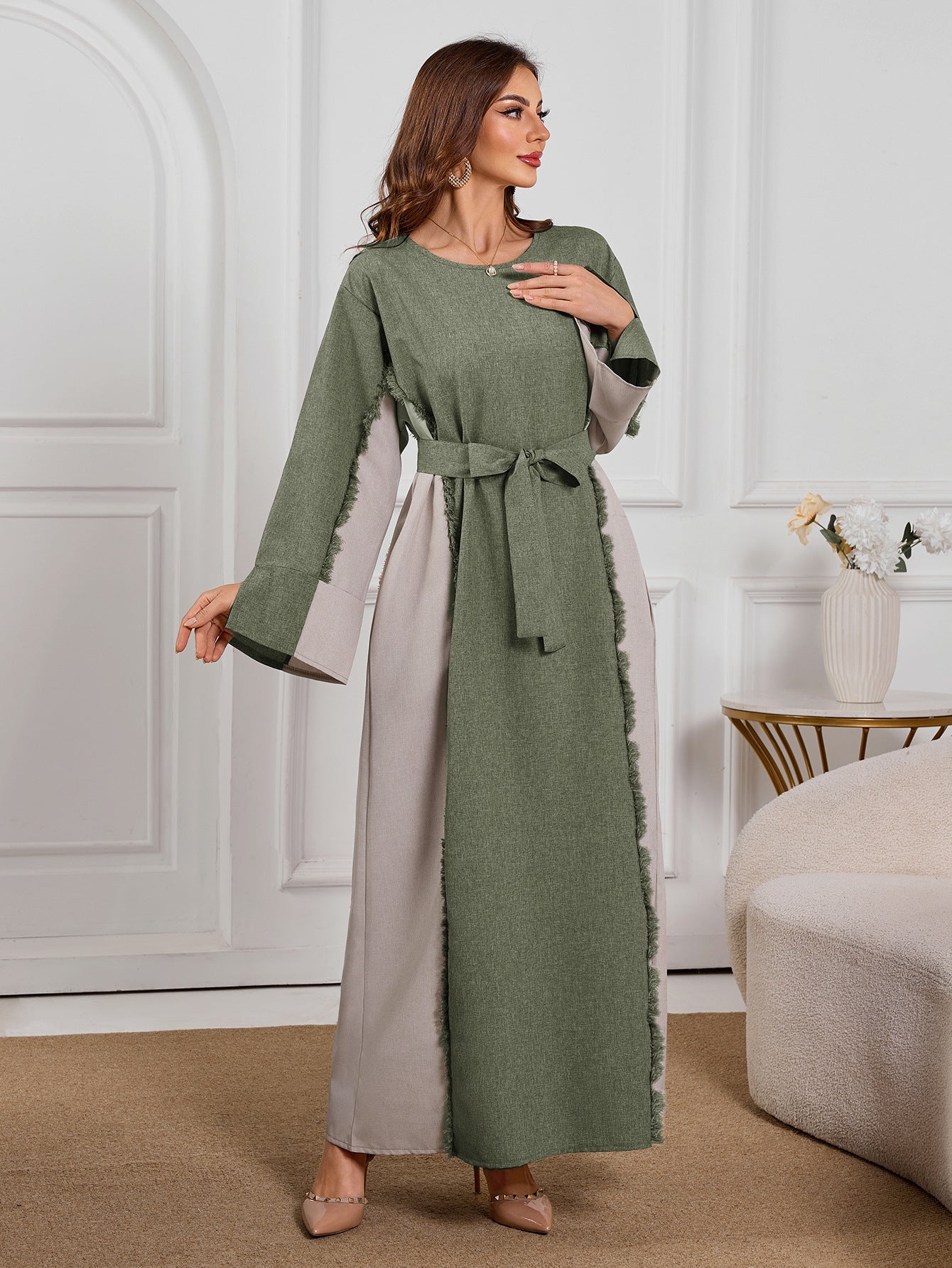 2025 Grey Muslim Maxi Dress: Stylish & Elegant Long Robe with Linen-Like Patchwork Design