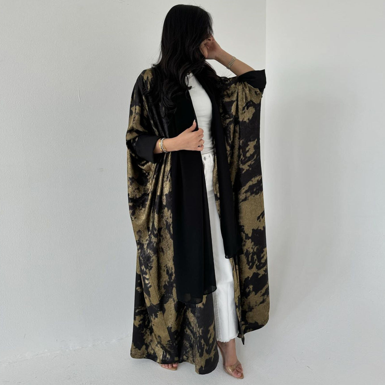 Elegant Black Golden Open Front Abaya Dress