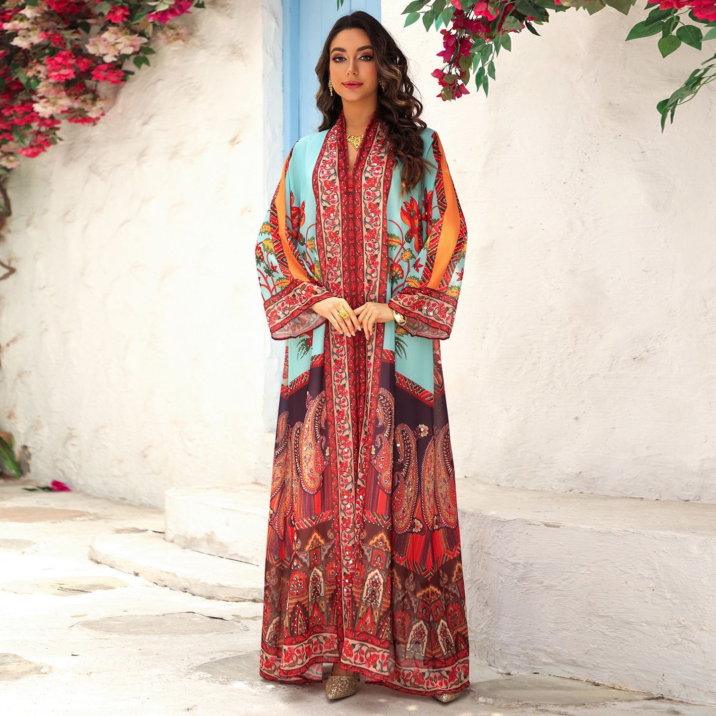Pullover Printed Dress with Rhinestones