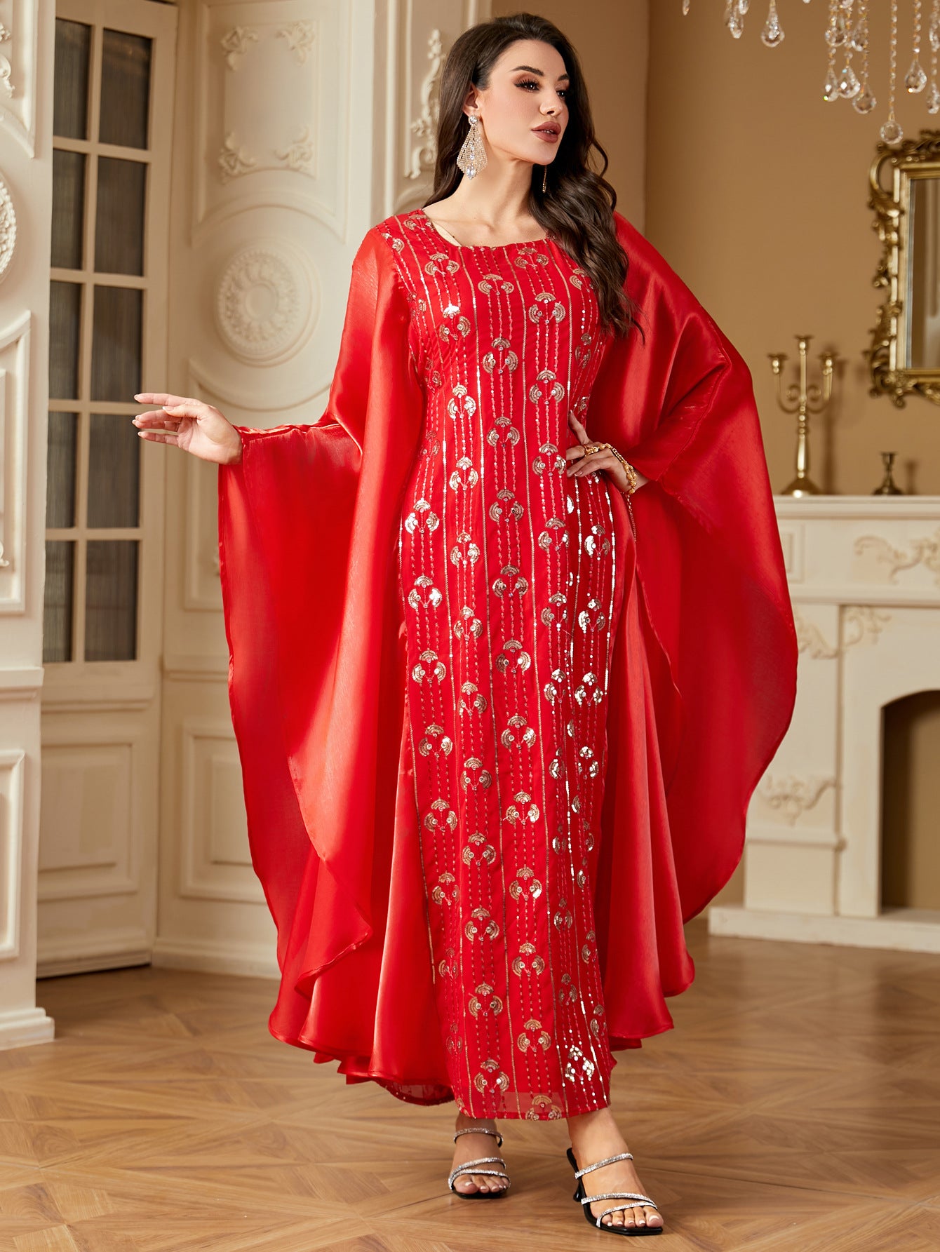 Sequin-embroidered Dolman-sleeved Cinched Waist Dress