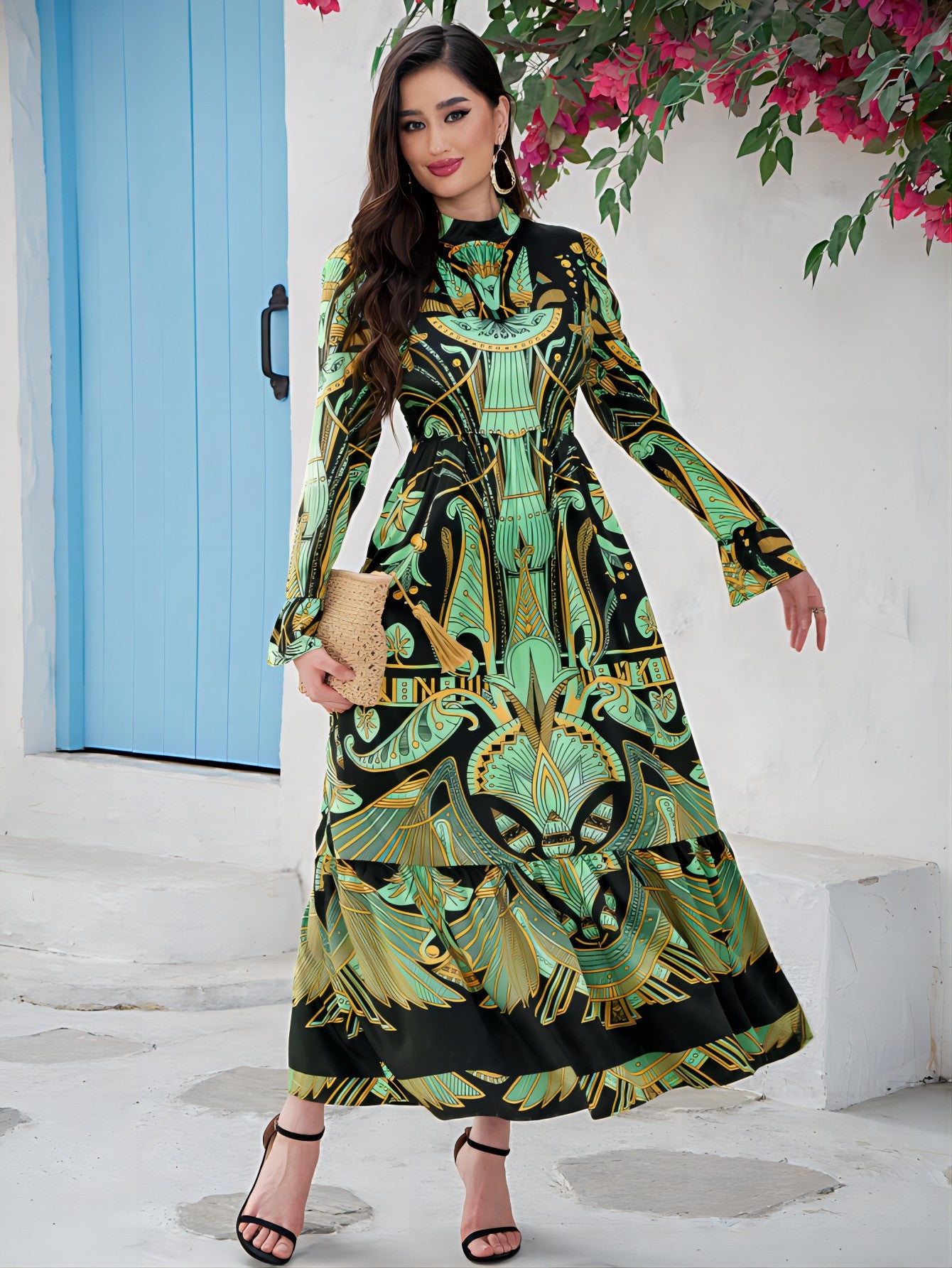 Women's Printed Flared Sleeve Oversized Dress
