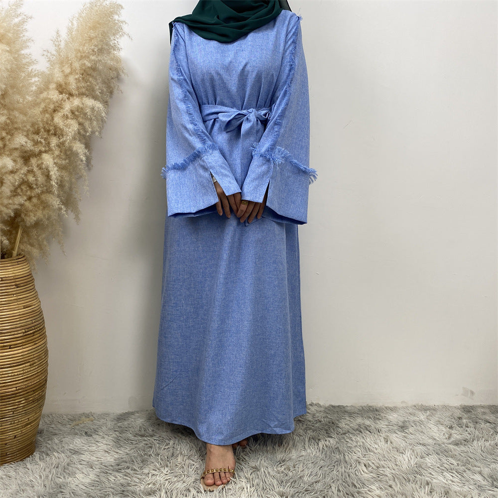 Fringe Sleeve Muslim Flare-Hem Maxi Dress