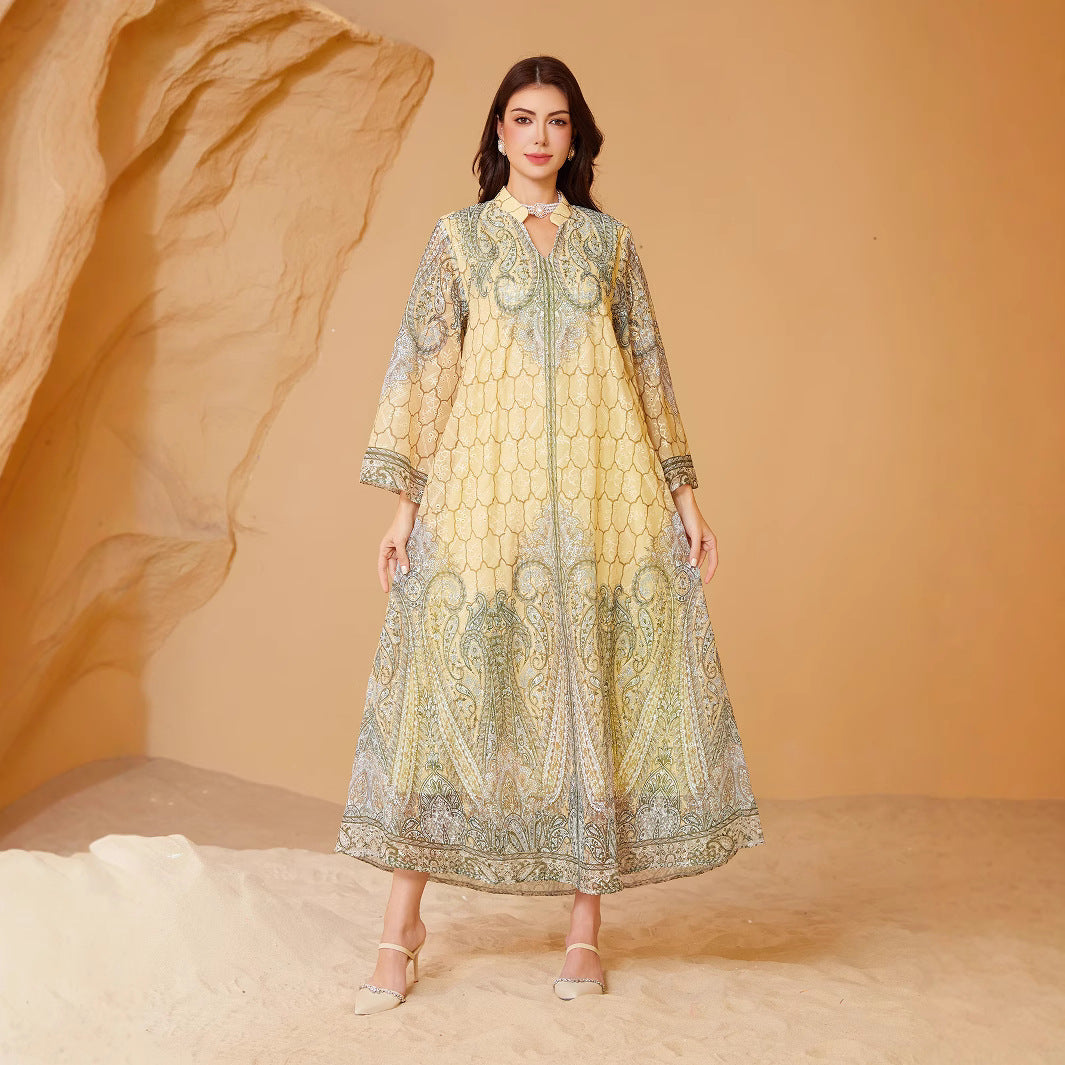 Embroidered Rhinestone Muslim Print Kaftan Dress