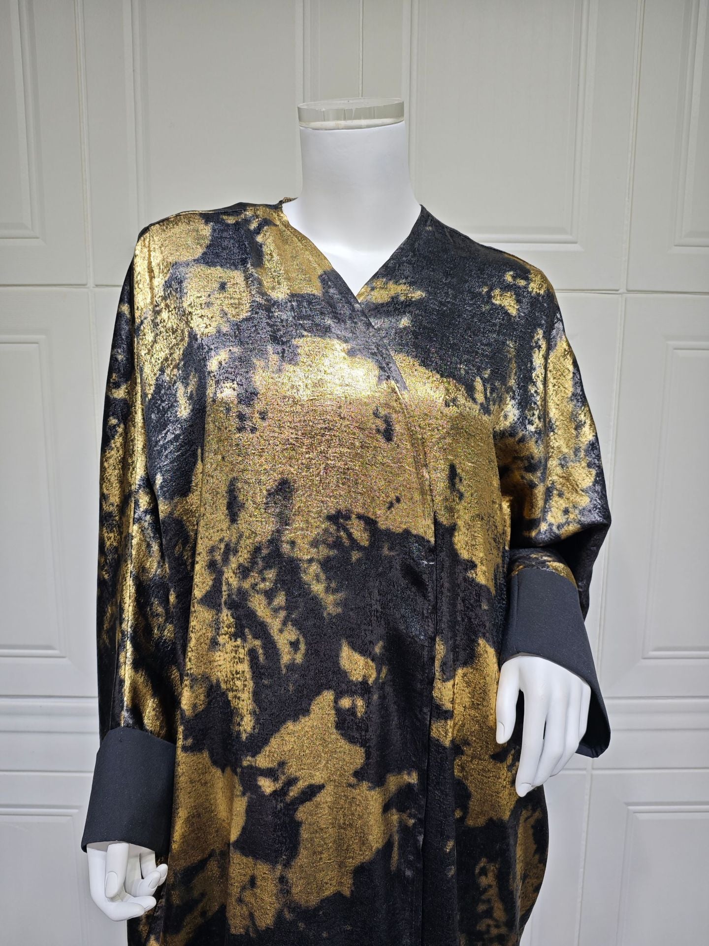Elegant Black Golden Open Front Abaya Dress