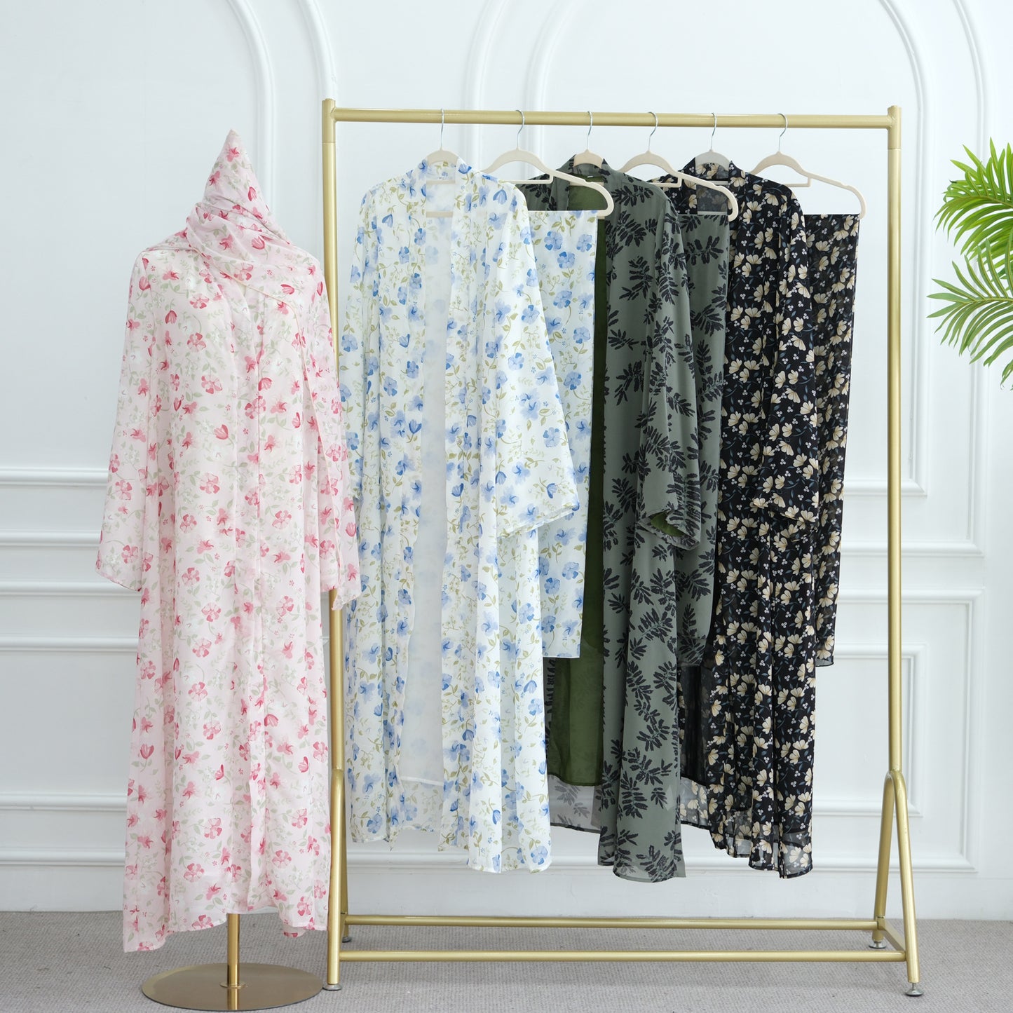 Printed Hijab Set with Double Layer Chiffon Open Cardigan