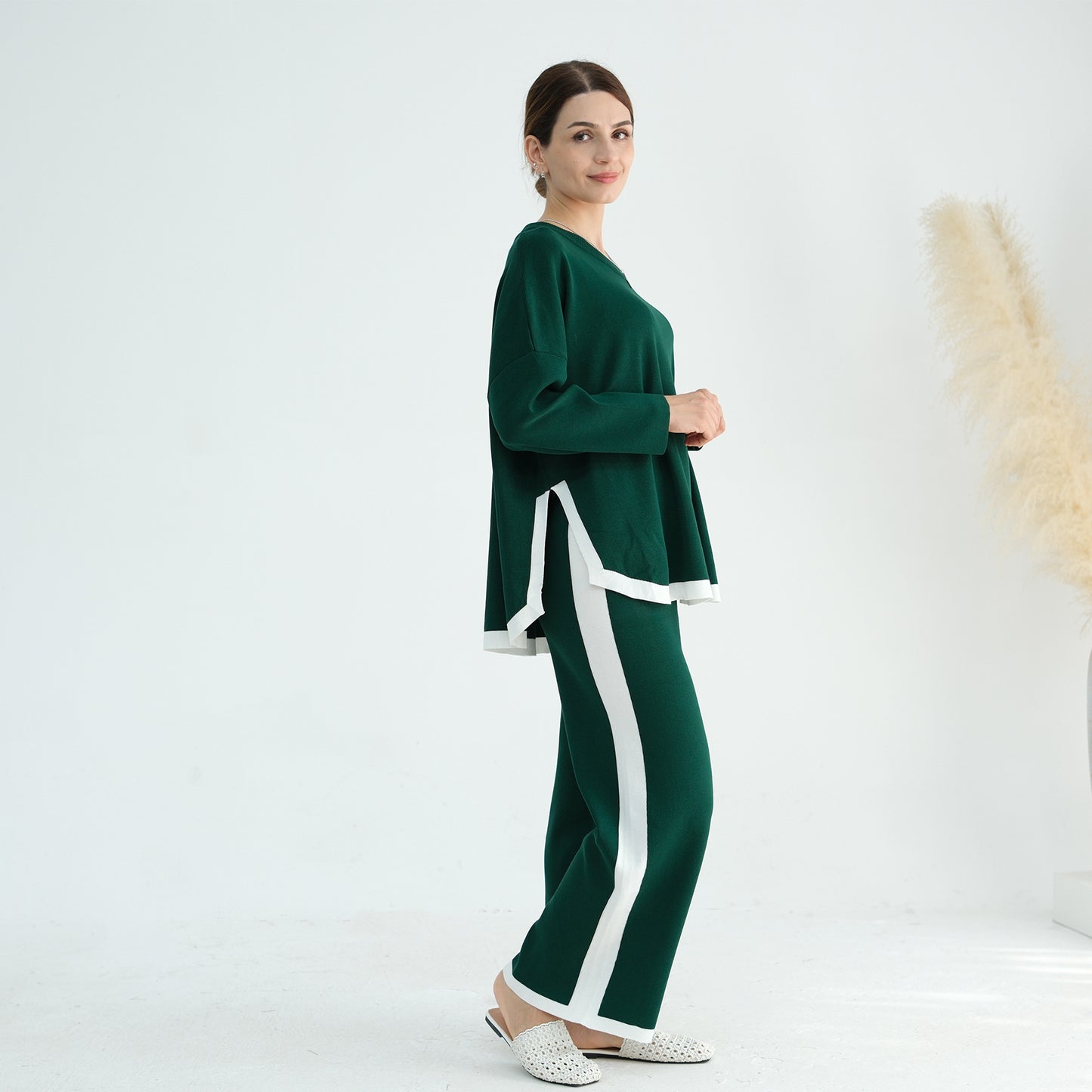 Thickened Knitted Sweater Wide-Leg Pants Trousers Two-Piece Set