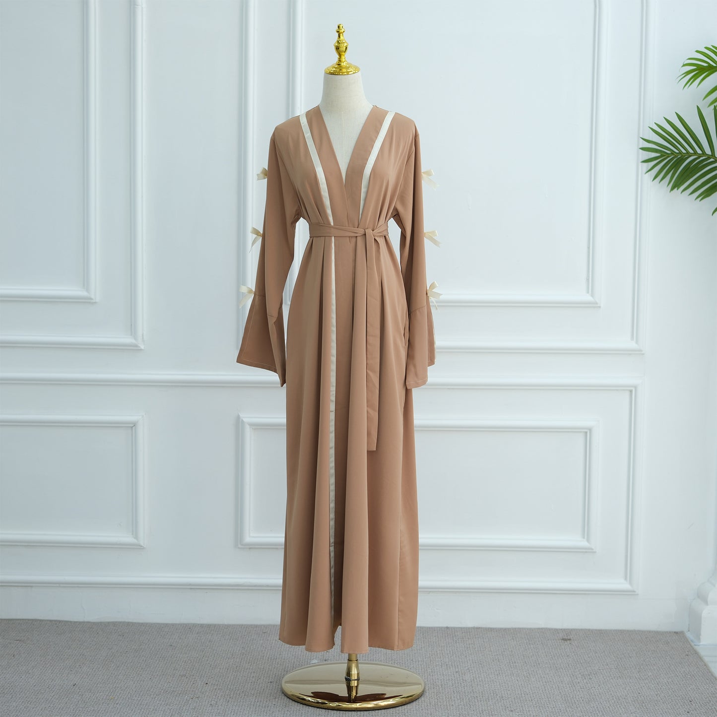 Bow Tie Open Abaya with Contrast Trim for Women