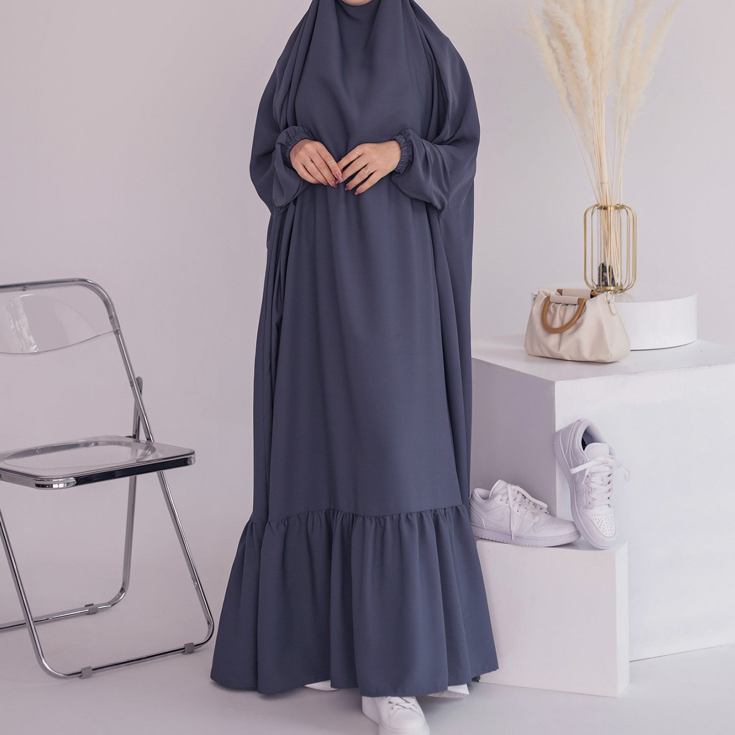 Women's Solid Color Robe Dress Jilbab Include Headscarf