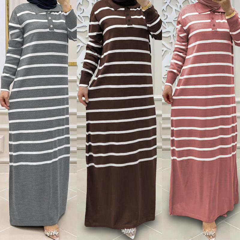 Women's Muslim Knitted Striped Maxi Dress