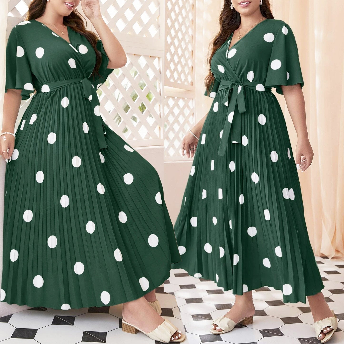 Women's Polka Dot Print Flared Sleeve Lace-up Pleated Dress