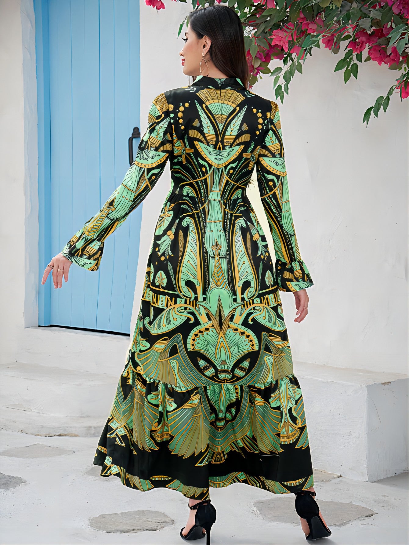 Women's Printed Flared Sleeve Oversized Dress