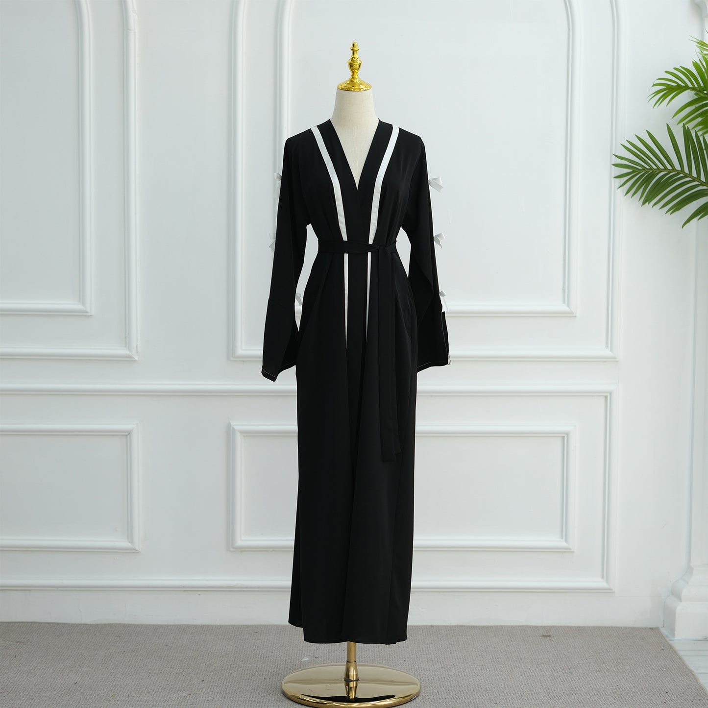 Bow Tie Open Abaya with Contrast Trim for Women
