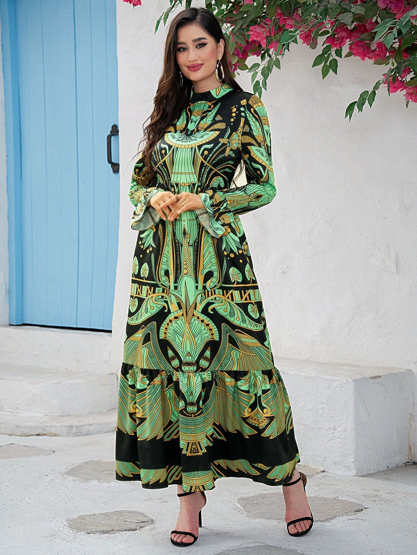 Women's Printed Flared Sleeve Oversized Dress