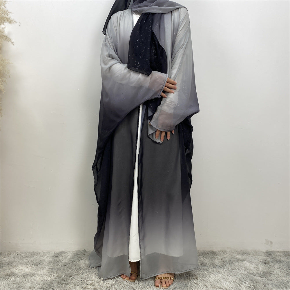 Muslim Chiffon Cardigan Gradient Bat Sleeve Set with Hijab
