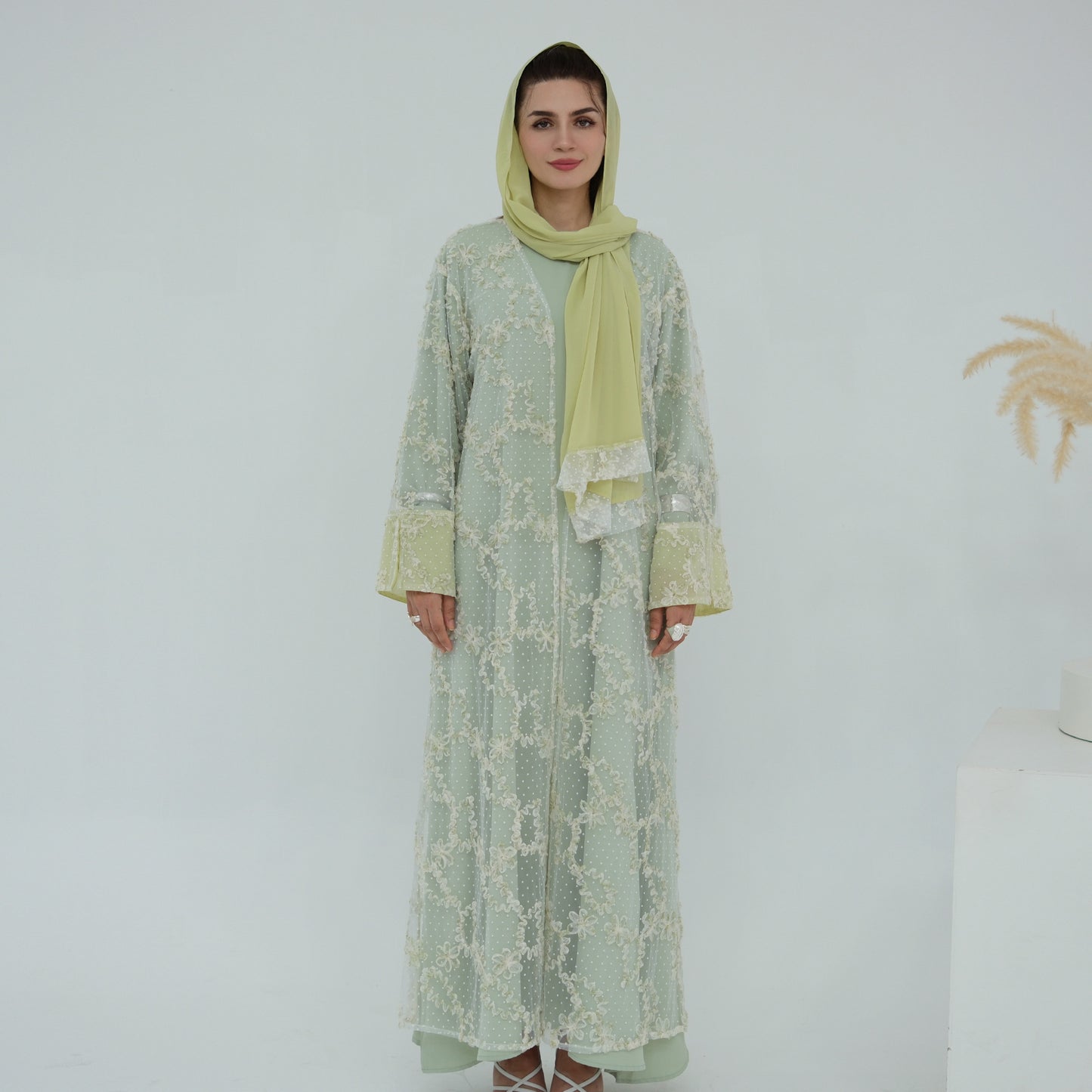Elegant 3D Floral Mesh Open Abaya with Optional Inner Dress and Scarf
