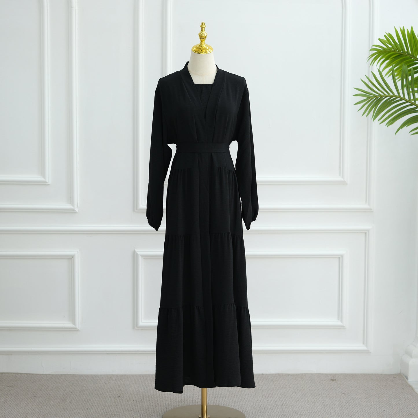 Modest Two Piece Maxi Dress with Open Abaya and Belt