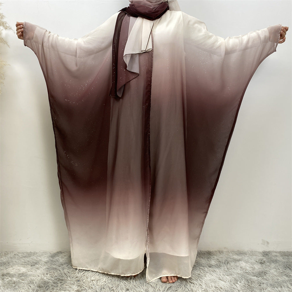 Muslim Chiffon Cardigan Gradient Bat Sleeve Set with Hijab