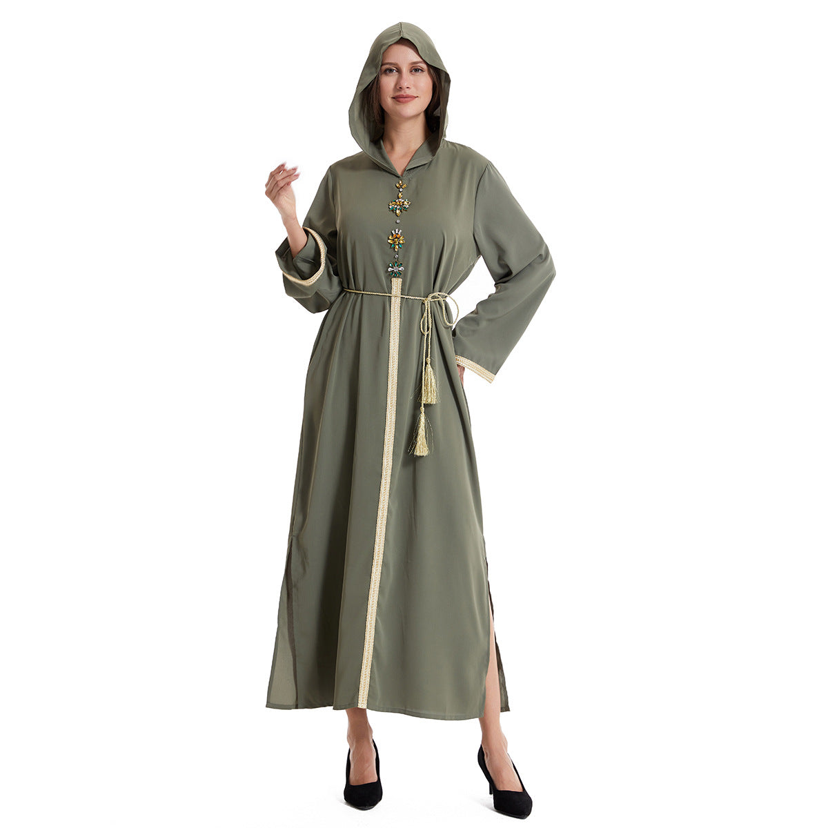 Women's Hooded Long Sleeve Hand-stitched Diamond Dress