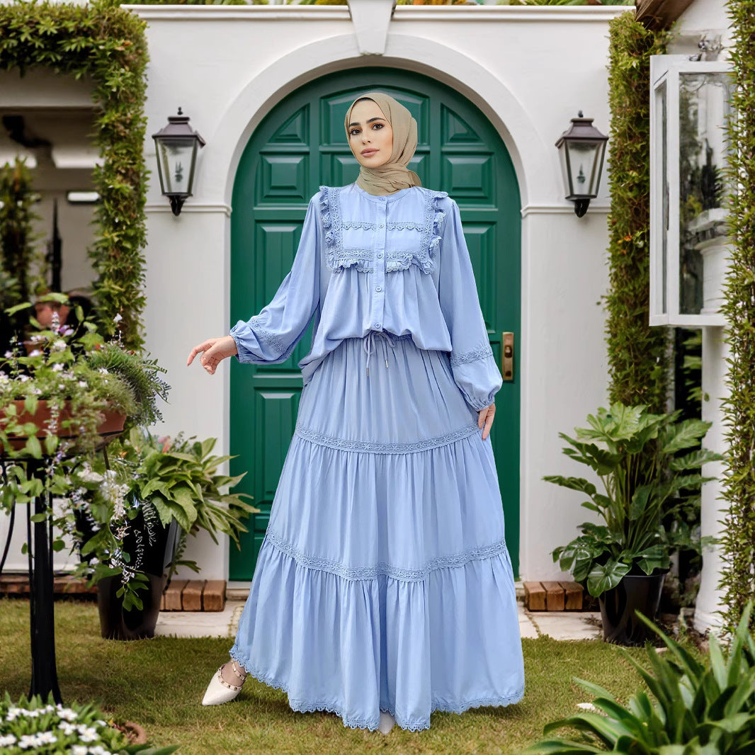 Lace Ruffle Trim Muslim Two-Piece Skirt Set