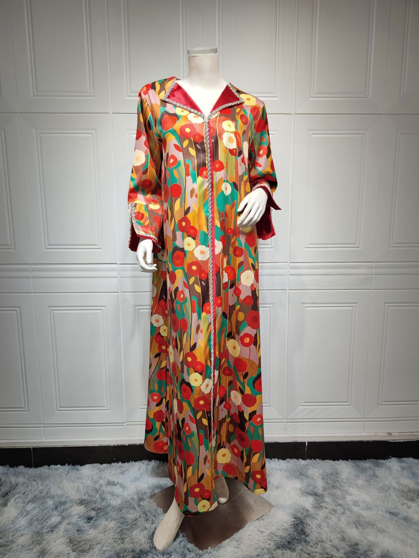Women's Print Satin-paneled Jalabiya Dress