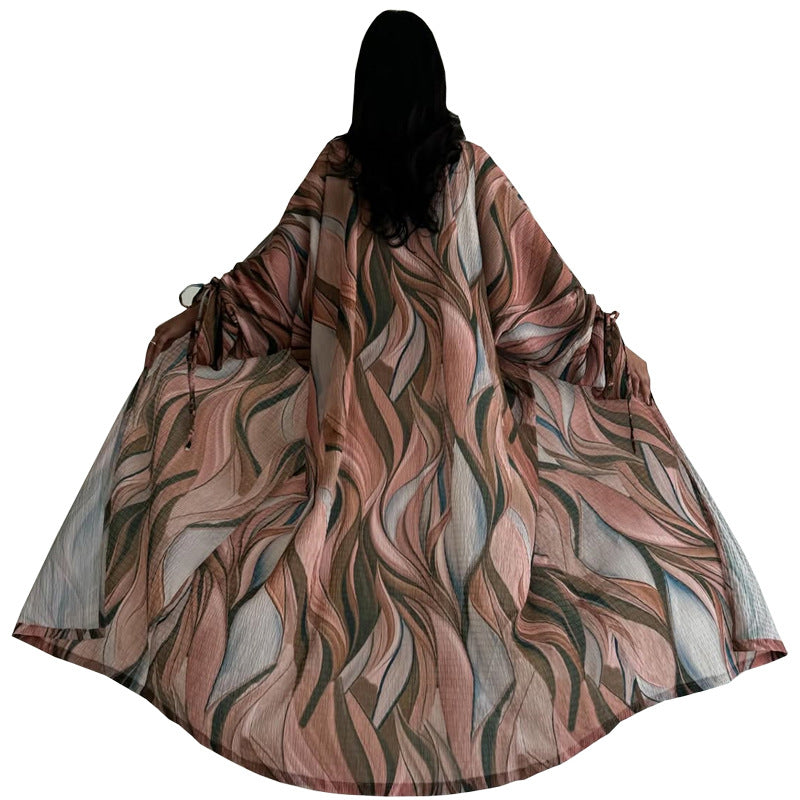 Women's Crinkled Linen Print Robe Open Abaya