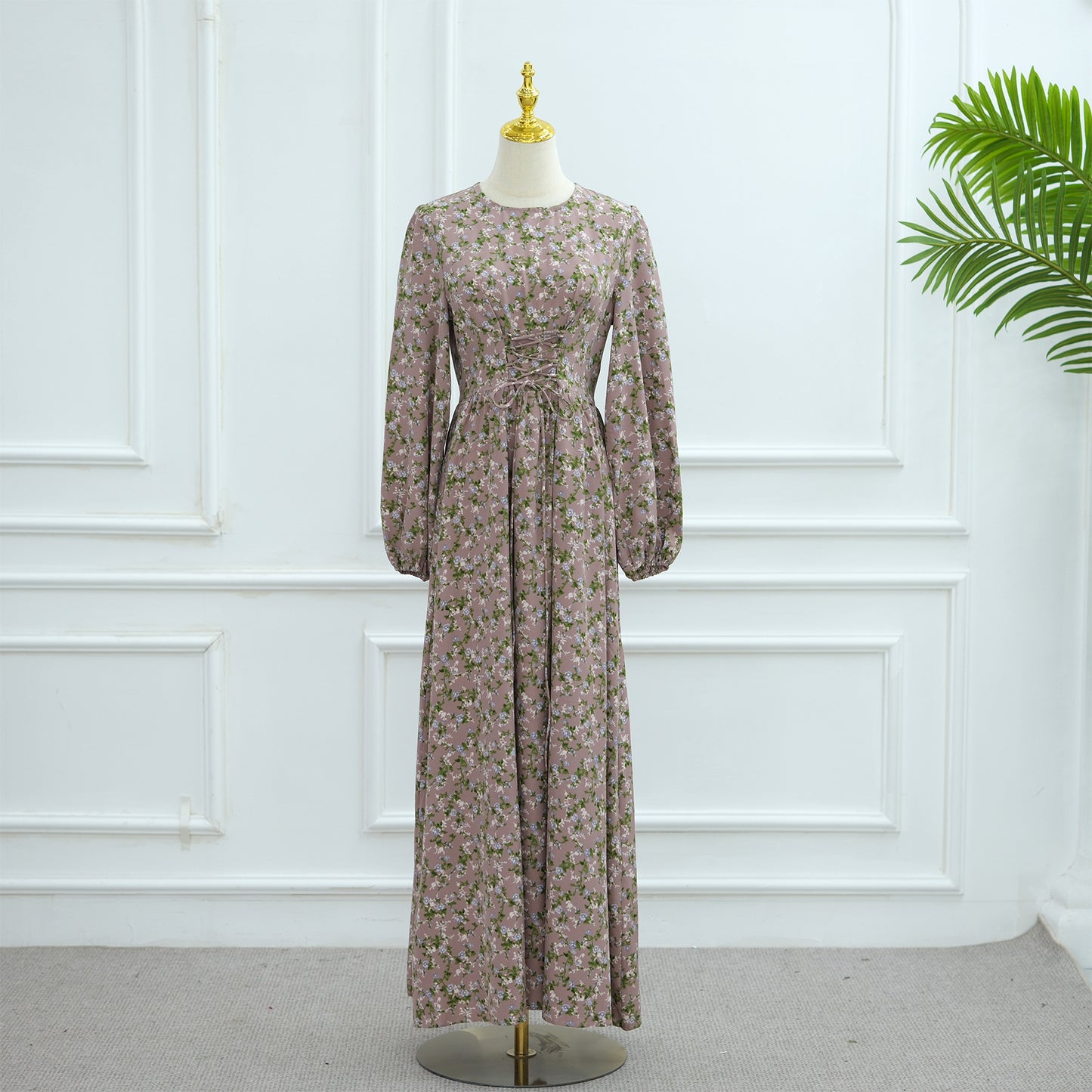 Floral Print Maxi Dress with Waist Tie Modest Long Sleeve