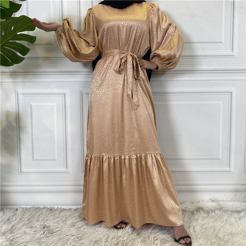 Modest Gold Jacquard Abaya Maxi Dress for Muslim Women
