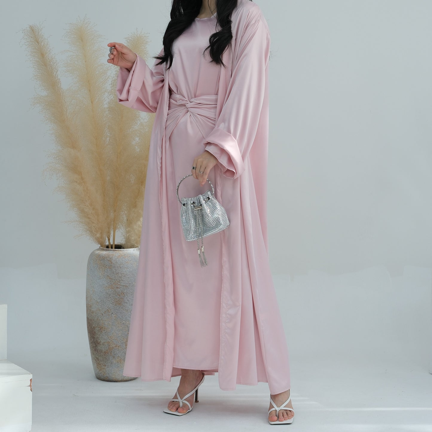 Solid Color Three Piece Abaya Set with Inner Dress and Belt