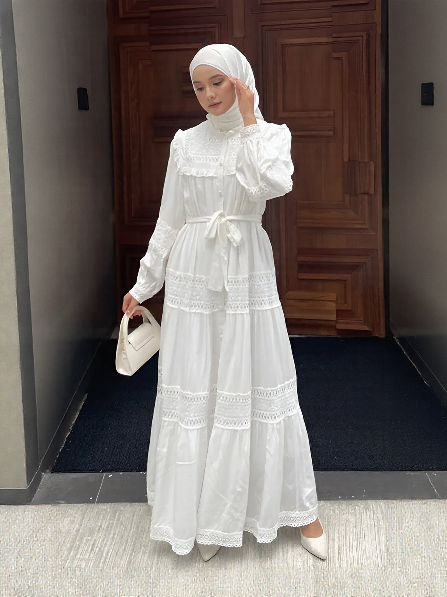 long dress with long sleeve malaysia Modest Ruffle Patchwork Maxi Dress for Women