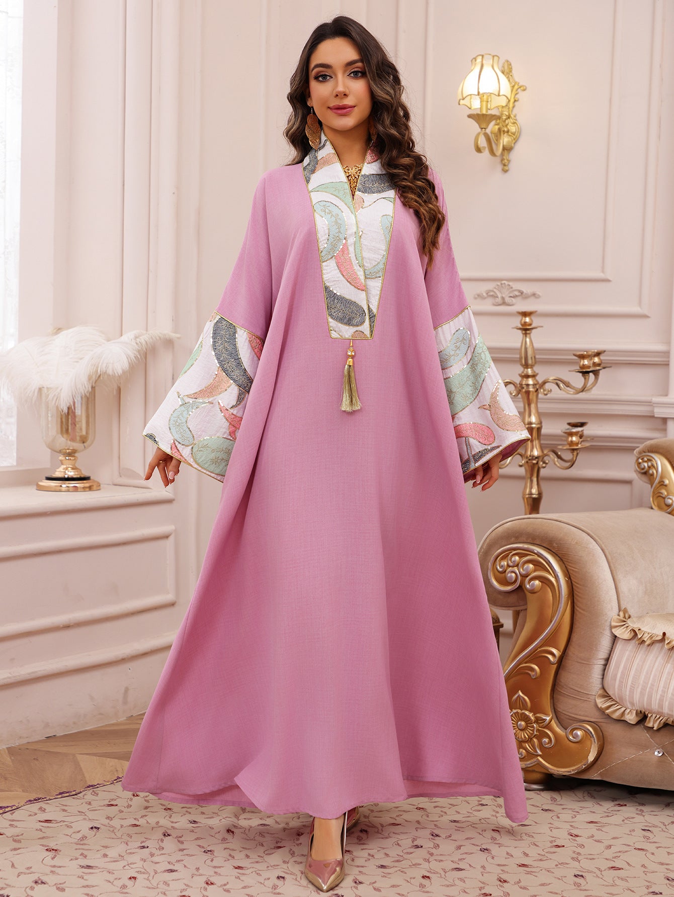 Women's Embroidered Panelled Fringed Dress