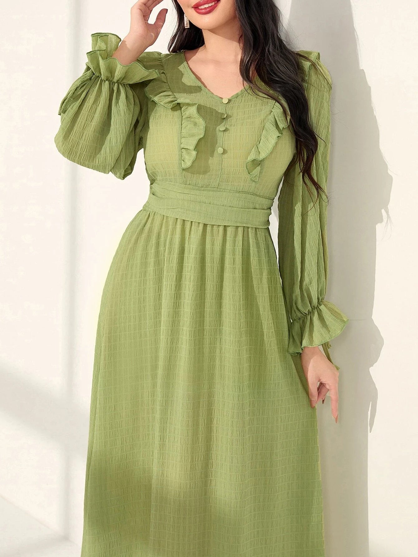 Women's V-neck Trim Waist Green Dress