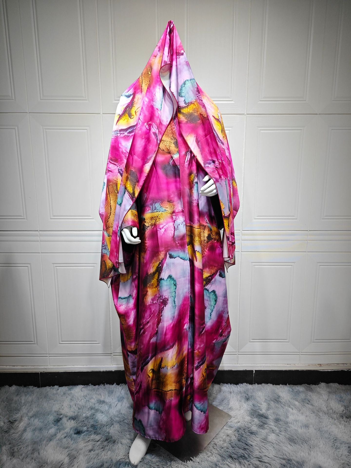 Modest Summer Fashion Satin Print Robe with Headscarf