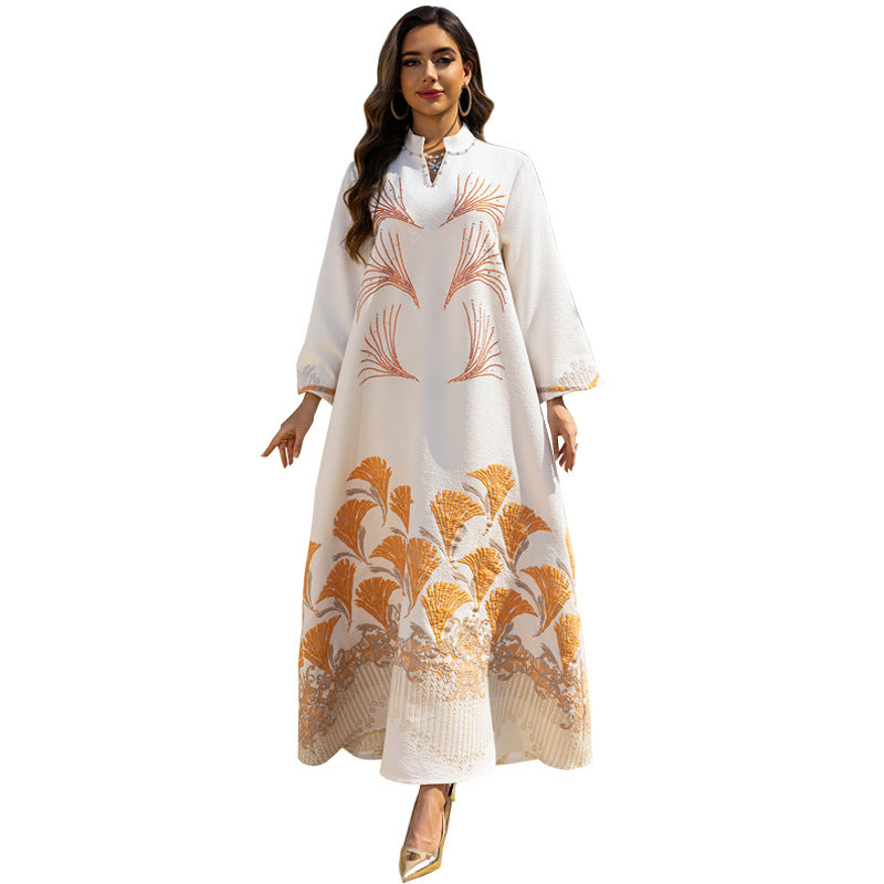 Muslim Women's Jacquard Dress with Rhinestones