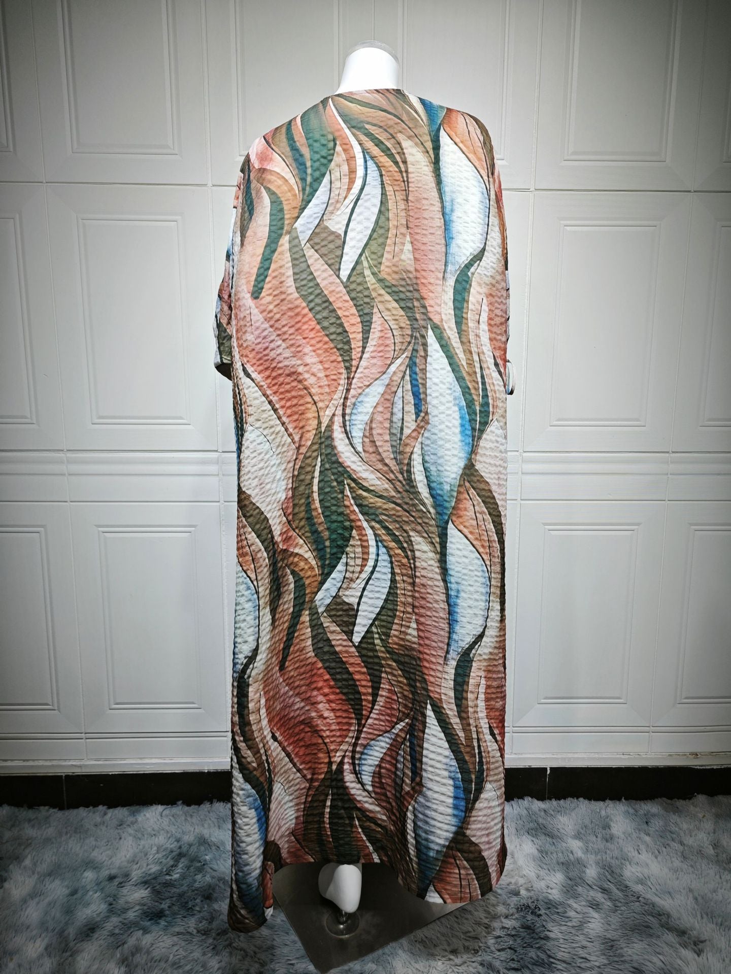 Women's Crinkled Linen Print Robe Open Abaya