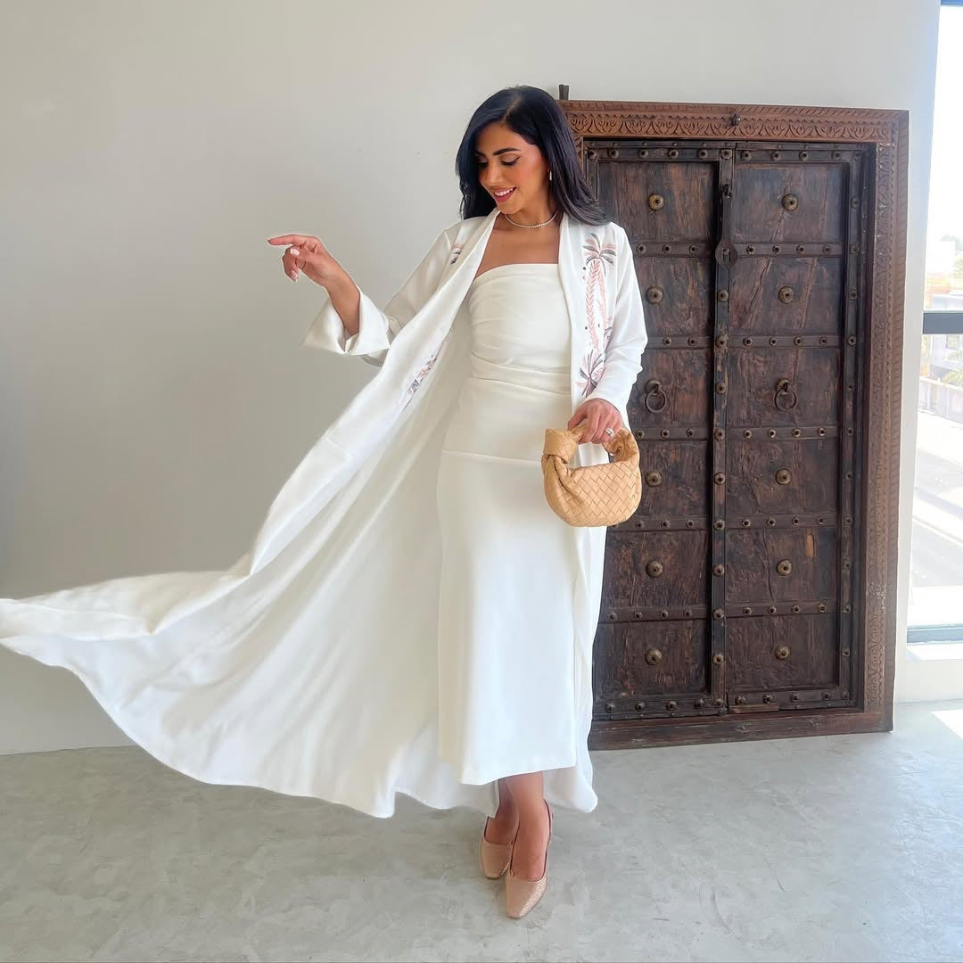 Women's White Embroidered Robe Open Abaya