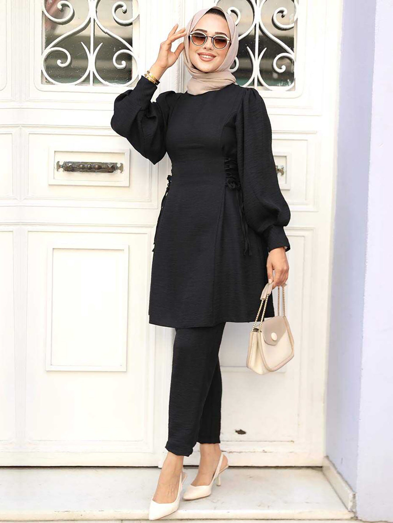 Women's Lace-up Balloon Sleeve Casual Suit