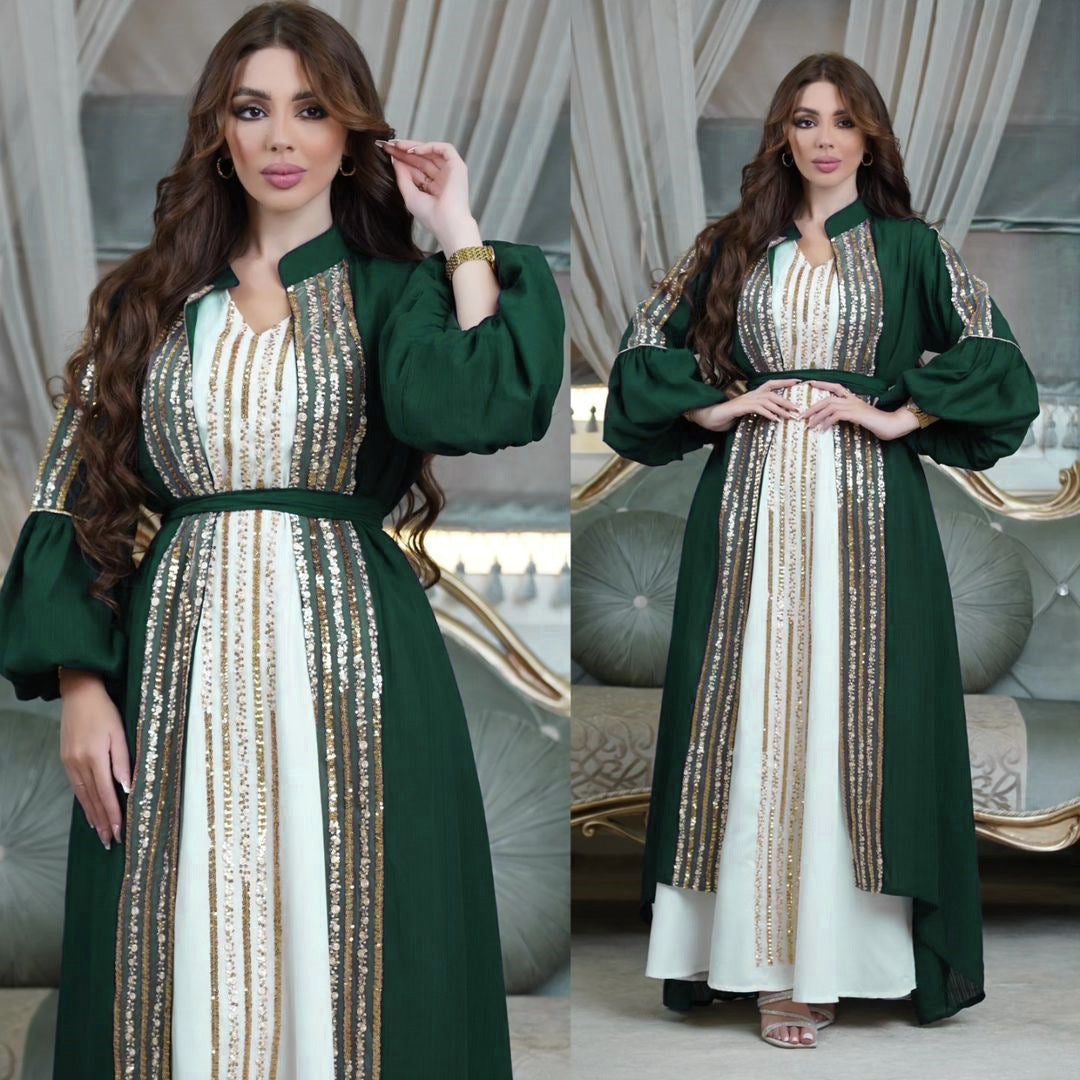 Beaded Embroidered Bubble Sleeve Dress Two Piece Set