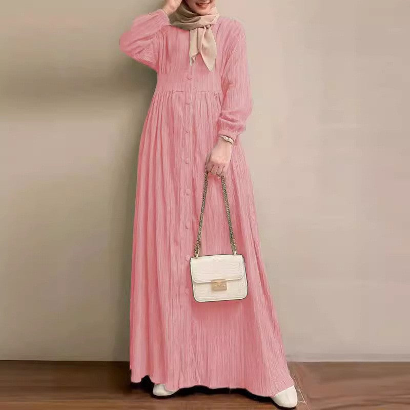 Women's Vintage Long-Sleeve Solid Color Dress